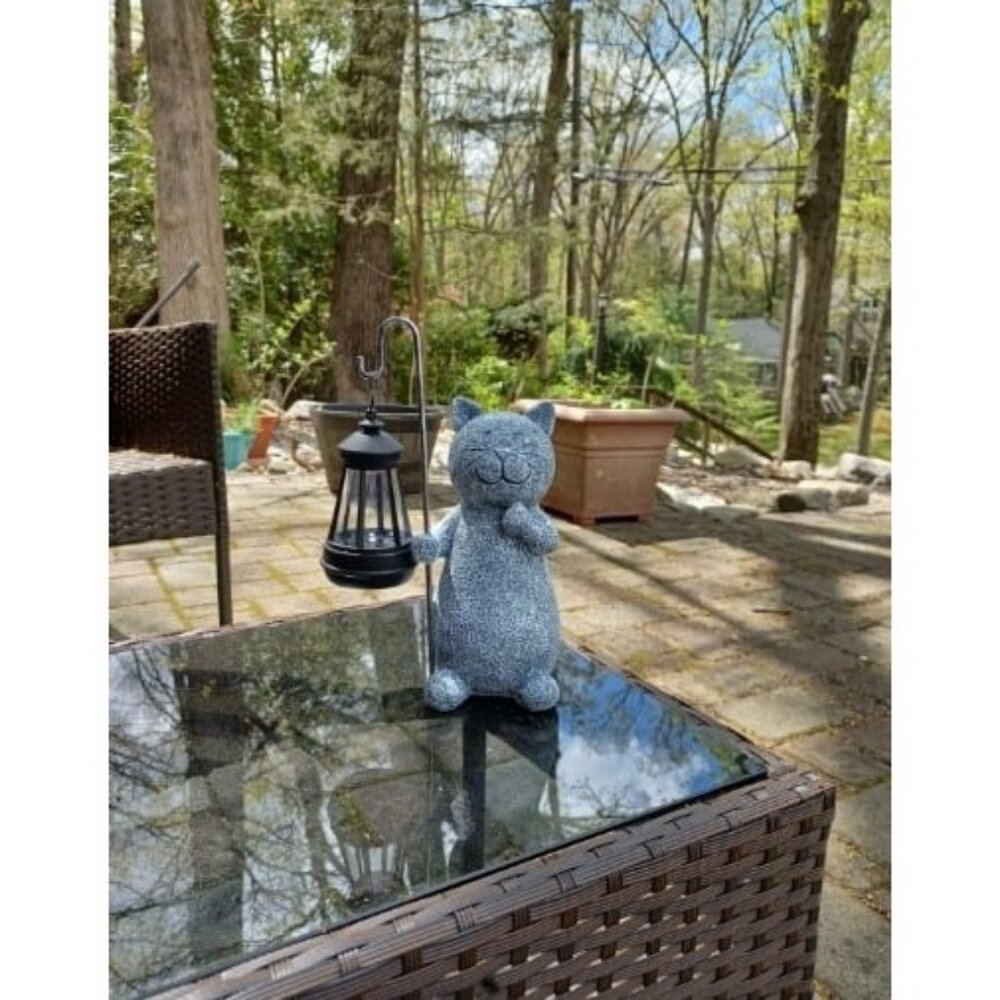 Solar Garden Statue Cat Figurine- Garden Art with Solar Lantern Loving Cat